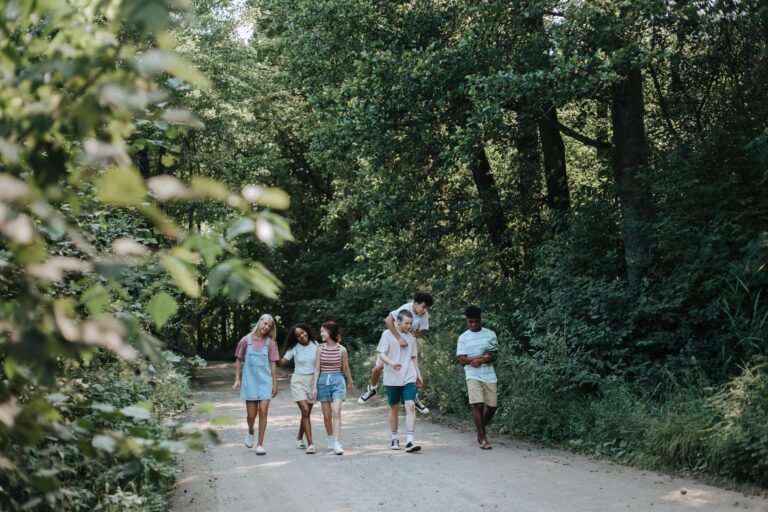 Family walking through jungle road